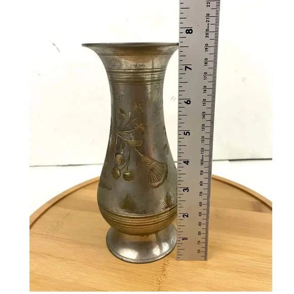 VTG Silver Tone Metal Middle Eastern Vase With Etching 8" Tall Birds Fish - Picture 4 of 14